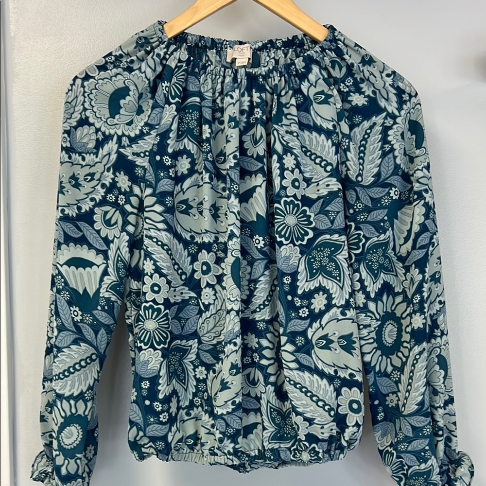 LOFT Blue and Teal Ruffled Long Sleeve Top